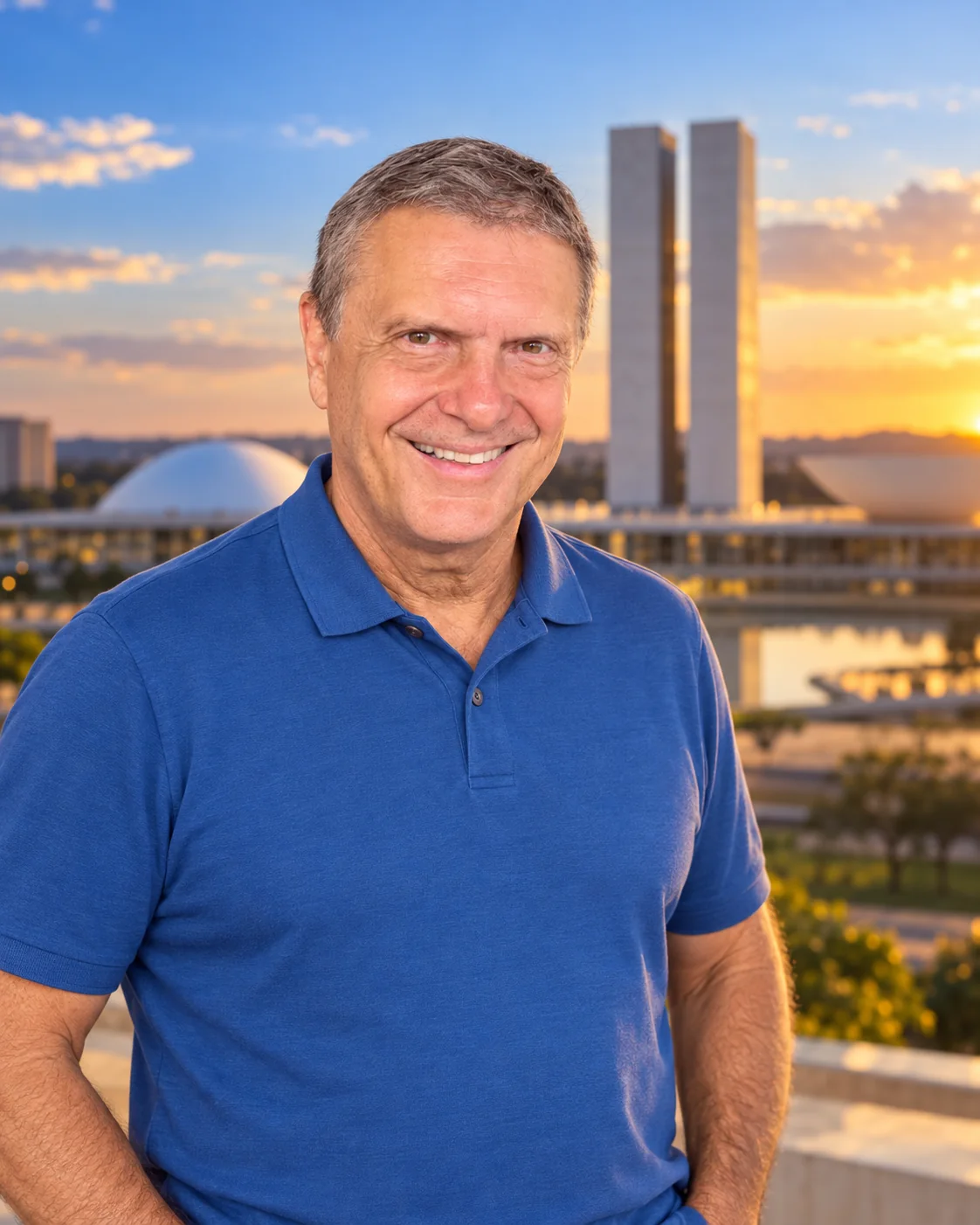 Imagem criada com inteligência artificial: Guto Felício dos Santos diante da arquitetura de Brasília